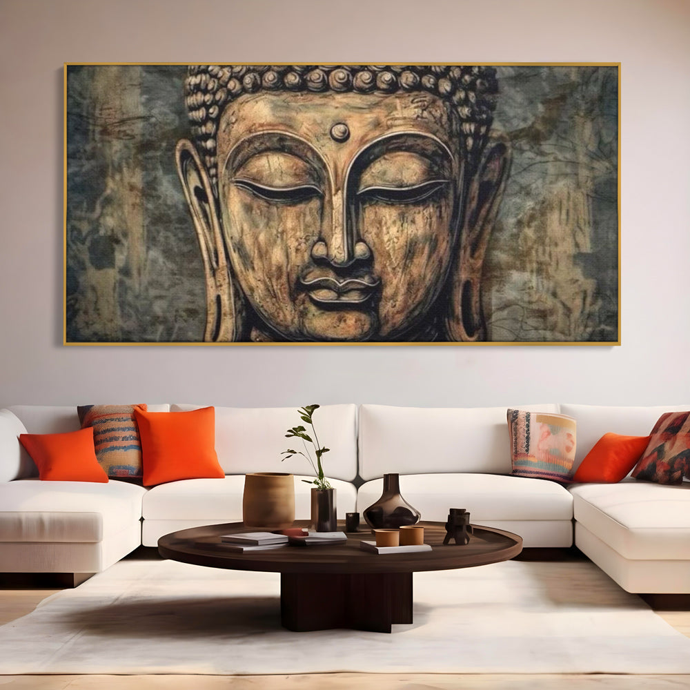 Tablou canvas cu tablou canvas cu capul lui buddha, in rama de aluminiu auriu, pe perete intr-un living